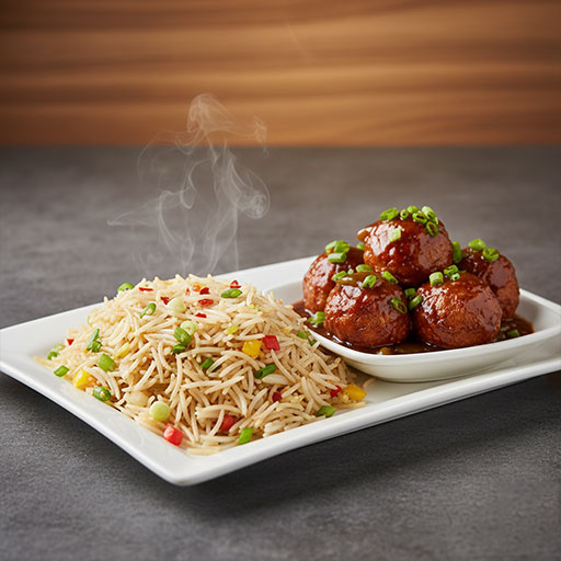 Chilly Garlic Fried Rice 
with Veg Manchurian