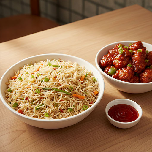 Veg Chilly Garlic Rice 
with Chilly Chicken